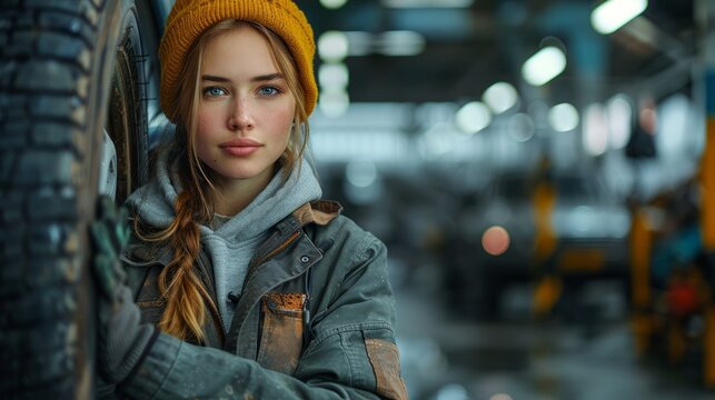With expertise in handling a vehicle's chassis, a young woman mechanic efficiently carries out a tire-changing operation at an auto service center.