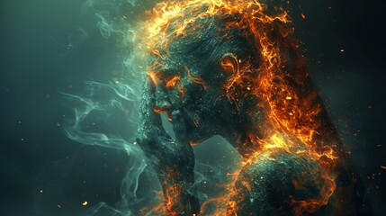 A person consumed by flames and ashes, burning in mental agony. Capturing a tormented soul enveloped in fire and ashes. Symbolizing pain and turmoil within.