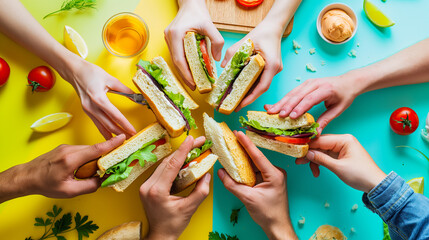 Hands Reaching for Fresh Sandwiches on a Colorful Tabletop