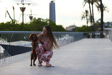 Blonde, young and beautiful Spanish woman goes for a walk with her English cocker spaniel puppy....