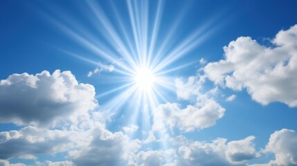 Relaxing scene of fluffy white clouds under a bright blue sky with sunbeams shining down.