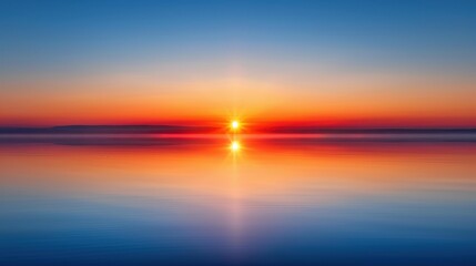Serene scene a stunning red sunrise over a lake, with sun rays piercing fog, mirroring skys reflection in calm waters.