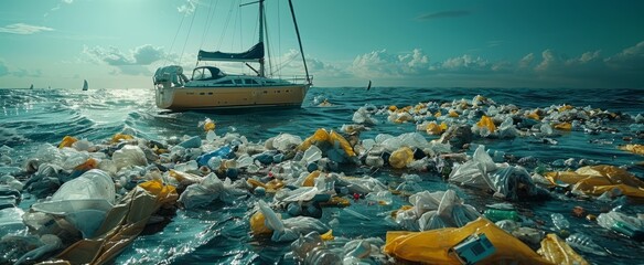 An expanse of household waste covers the ocean, a grim indicator of the ecological damage we've inflicted.