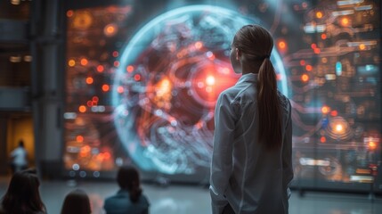Fototapeta premium A woman stands in a dimly lit space, looking at a large holographic display depicting a futuristic representation of the Earth. Other people are visible in the background