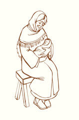 Vector drawing. Mother with baby