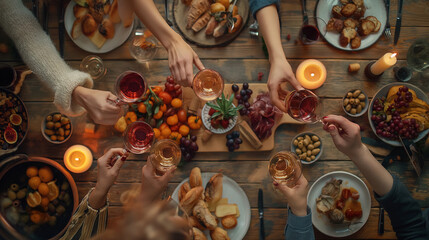 Friends Toasting With Wine During a Festive Dinner Gathering