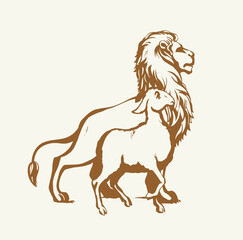 Vector drawing. Lion and lamb walks together