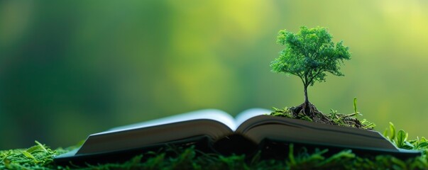 Open book with small tree growing on it, nature education concept