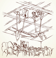 Vector drawing. The men dug up the roof to let the sick man in on a stretcher.