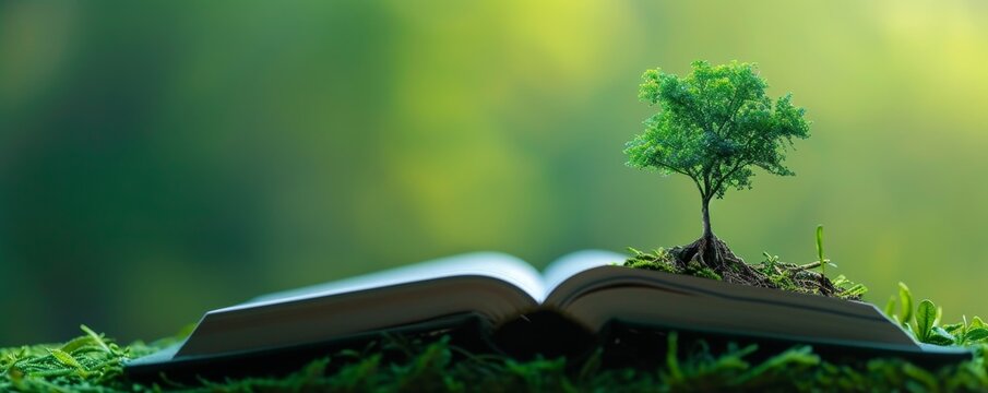 Open book with small tree growing on it, nature education concept
