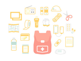 防災用品　防災グッズ　非常用グッズ　アイテム　イラスト　セット
