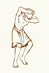 Vector drawing. Man protect himself from the wind