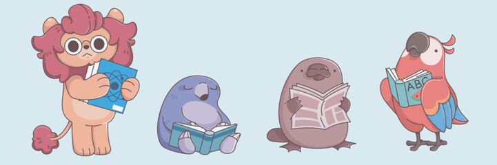 Cute animals reading set isolated on white background. Contemporary vector cartoon illustration of smart lion, mole, parrot, platypus with science and ABC books, newspaper, nursery school mascots