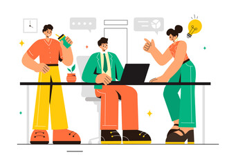 Vector Illustration of a Coworking Business with Colleagues Talking, Meeting, and Working in a Flat Style Cartoon Office Background