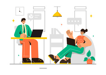Vector Illustration of a Coworking Business with Colleagues Talking, Meeting, and Working in a Flat Style Cartoon Office Background