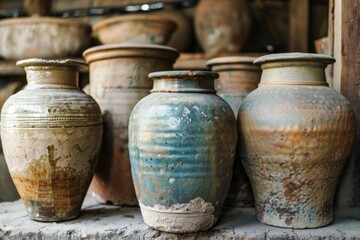 Collection of vintage ceramic pots with rustic textures displayed on a shelf