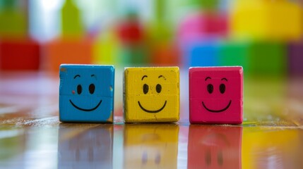 Three colorful wooden toy blocks with smiling faces on a reflective surface