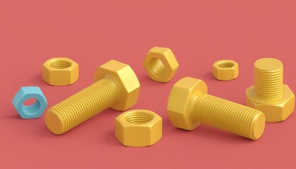 3d printed bolts and nuts on yellow background, space for text