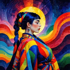 Fototapeta premium Colorful Woman in a Dreamlike Landscape.