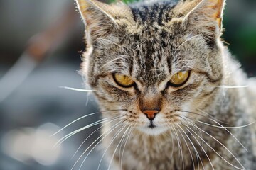 Closeup of a tabby cat with striking yellow eyes looking intently