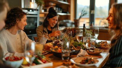 Friends Enjoying Dinner Together in a Warm, Cozy Home