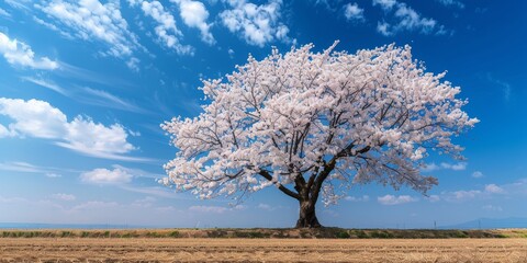 Vibrant Pink Blossoms in Spring: Scenic Landscape with Blooming Trees and Majestic Mountains, Capturing the Serene Beauty of Nature Under a Blue Sky with Clouds