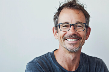 Half-Body Portrait of a Smiling Man with Glasses and White Background