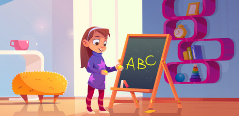 Girl kid in school room near blackboard vector. Kindergarten class for student. English lesson for child character write on board abc. Cute and smart preschool baby learning letter in playroom