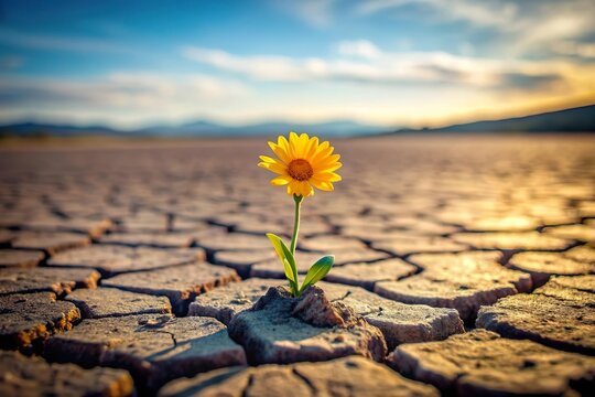 lone daisy flower grow on barren cracked land. Environmental resilience and restoration