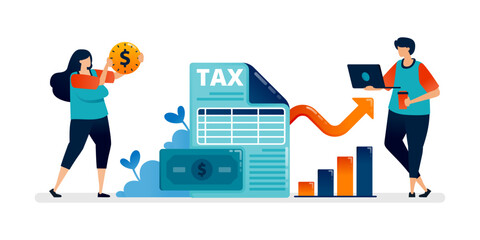 Business illustration of pay and fill out increased tax paperwork. Can be used for banner of banking, financial firm, office, investment institution