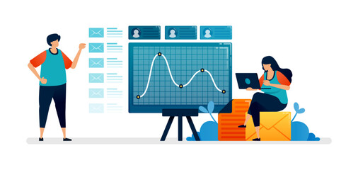 Business illustration of reviewing board line chart fluctuations from company reports and email archives. Can be used for seamless office template, homepage, landing page, proster ads