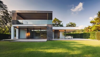 Contemporary Villa Featuring Expansive Glass Windows, Terrace, and Sunlit Lawn: Architectural Elegance and Natural Beauty house, home, architecture, building, exterior, estate, sky, residential,