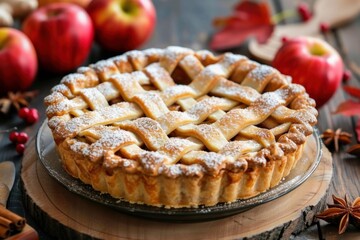 Freshly baked apple pie with lattice crust, dusted with sugar, served on wooden table among red apples