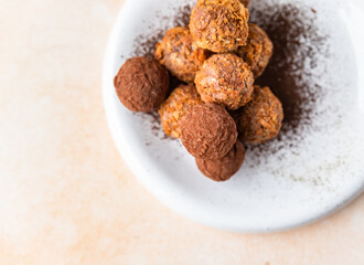 Brigadeiro, a Brazilian chocolate candy. Traditional Brazilian handmade chocolate candy. Set of gourmet chocolate truffles
