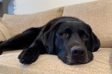 black labrador retriever lying on couch