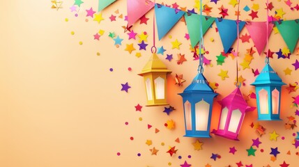 Eid Mubarak banner with colorful paper lanterns
