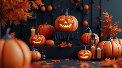 High saturation 3D render of a Halloween product display podium, with lanterns and pumpkins