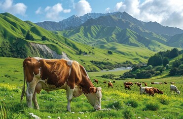 Naklejka premium Cows Grazing on a Lush Green Pasture