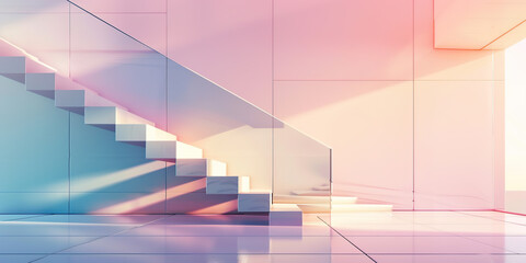 Minimalist Background with Staircase Leading to the Right. Soft Gradients and Flat Design in Pastel Colors. Geometric Shapes and Light and Shadow Effects. Blurred Glass Effect in Foreground. 