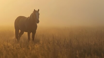 Horse in a Foggy Field at Sunrise