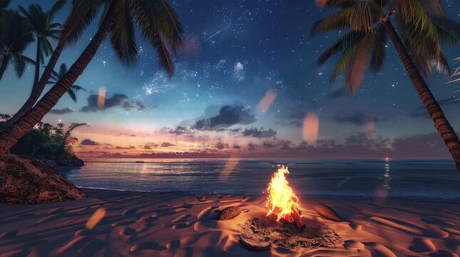 Bonfire glowing on the beach at night, casting a warm and inviting light against the backdrop of a dark, starry sky and tranquil oce Seamless looping 4k time-lapse virtual video animation Generated AI