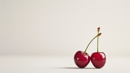 Two fresh cherries on a light background
