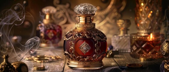 Redolent spirit perfume in an ornate bottle, surrounded by ethereal wisps and mystical symbols, enchanting and luxurious