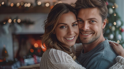 A joyful couple embraces by a cozy fireplace, capturing the essence of love and warmth during the festive holiday season.