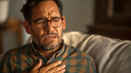 Obraz premium A man expresses deep emotional pain, clutching his chest while sitting on a sofa, showcasing vulnerability and raw human emotion.