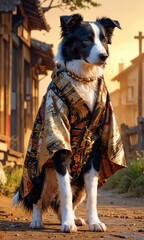 Border Collie Dressed in a Traditional Japanese Kimono.