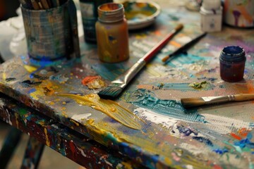Fototapeta premium Closeup of an artist's paintsplattered palette with brushes, capturing the essence of the creative process
