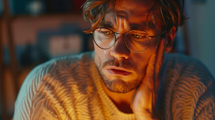 Thoughtful young man in glasses looking pensive while working at home, illuminated by warm light, conveying deep contemplation and focus.