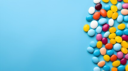 Vibrant Assortment of Colorful Chocolate Candies on Blue Background