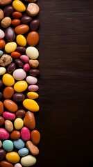 Obraz premium Vibrant Assortment of Colorful Chocolate Candies on Brown Background